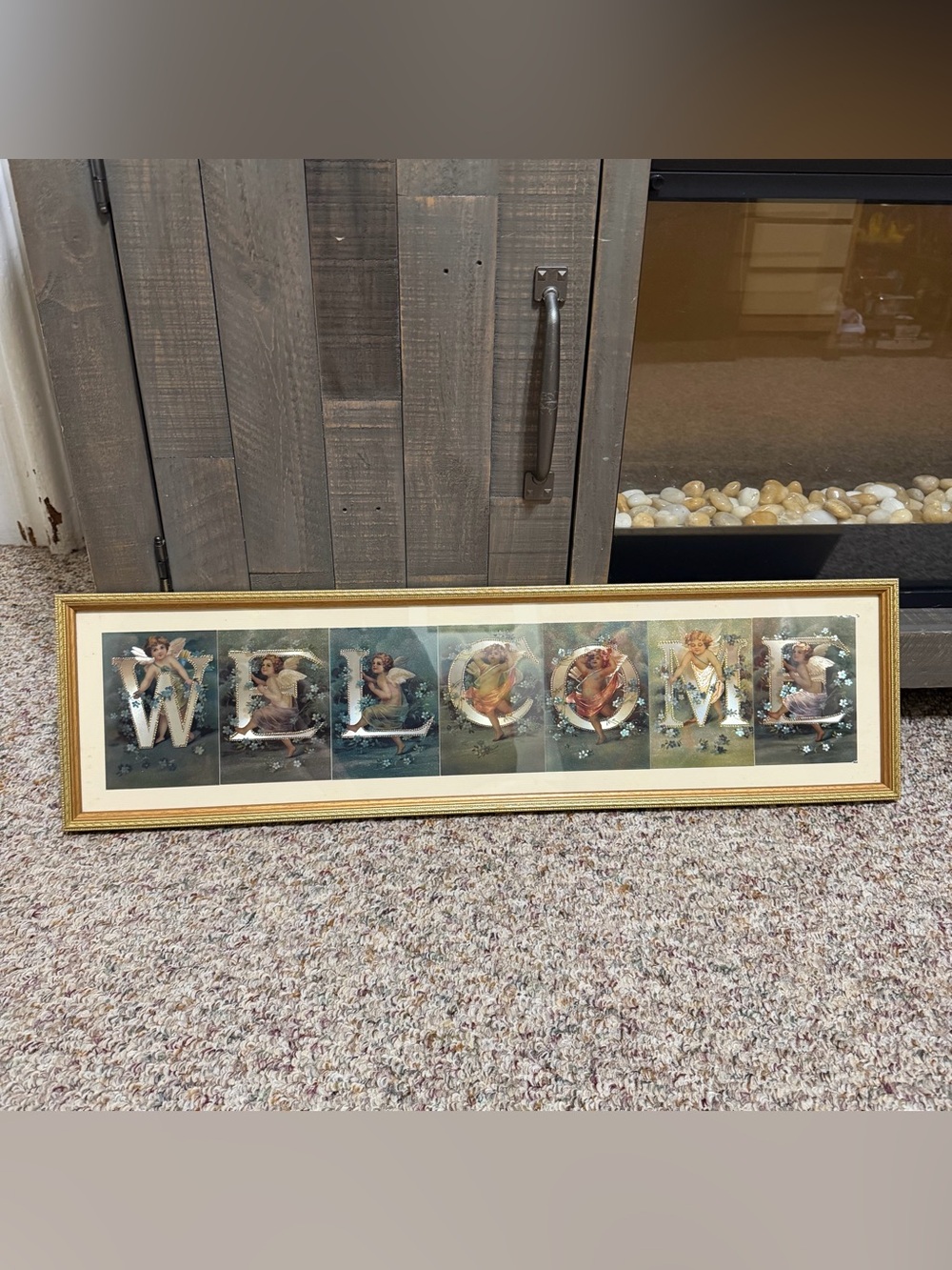 Vintage 'WELCOME'‎ Angel Print Framed Wall Art - Gold Frame cherubs 32x8.5"
